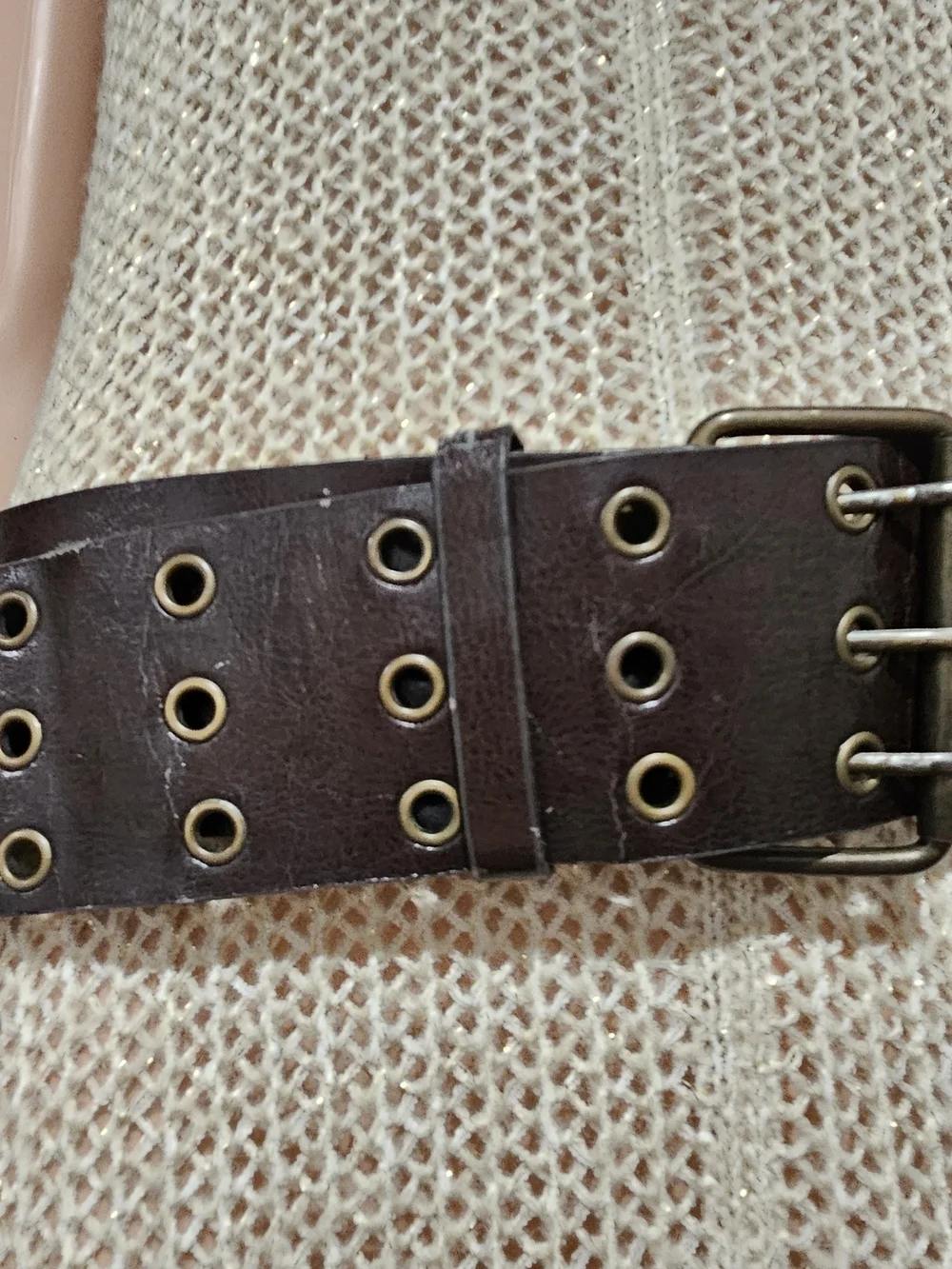 Vintage Wide Brown Leather Grommet Studded Belt Double Prong Waist Belt